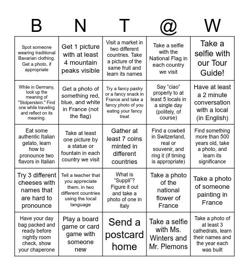 We Made it to Europe! Bingo Card