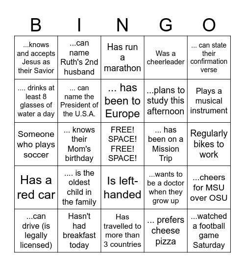YOUTH GROUP BINGO -- Find Someone who... Bingo Card