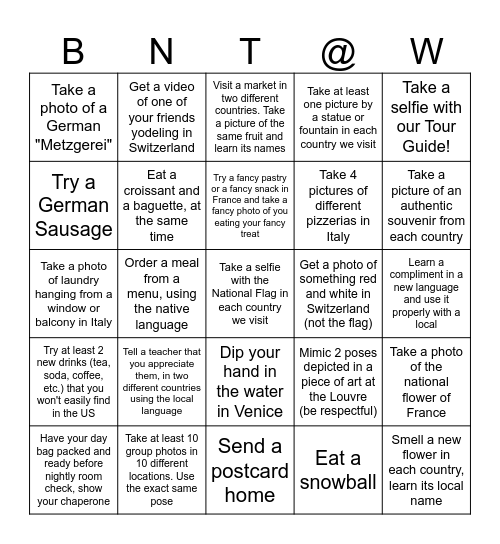 We Made it to Europe! Bingo Card