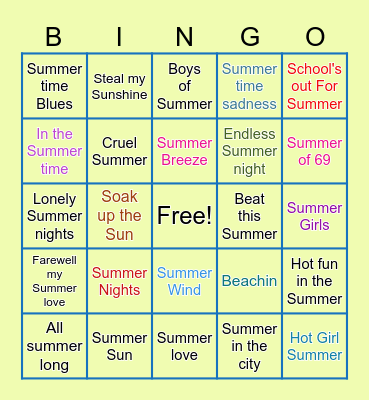 Summer Time Tunes Bingo Card