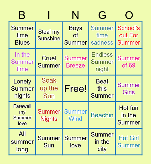 Summer Time Tunes Bingo Card