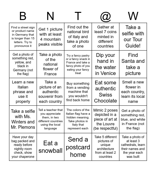 We Made it to Europe! Bingo Card