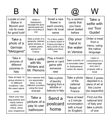 We Made it to Europe! Bingo Card