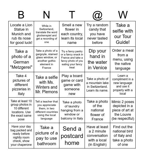 We Made it to Europe! Bingo Card