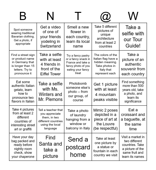 We Made it to Europe! Bingo Card