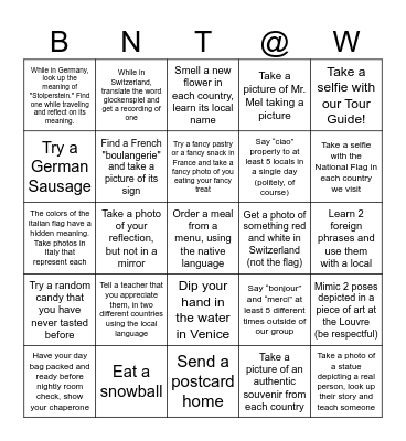 We Made it to Europe! Bingo Card