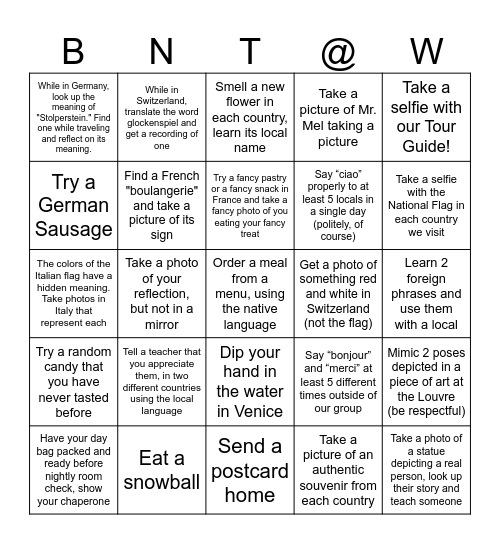 We Made it to Europe! Bingo Card