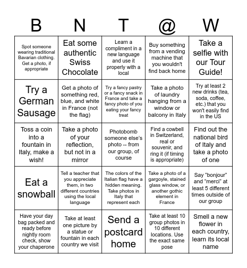 We Made it to Europe! Bingo Card