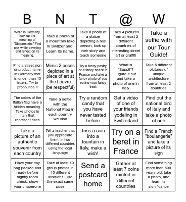 We Made it to Europe! Bingo Card