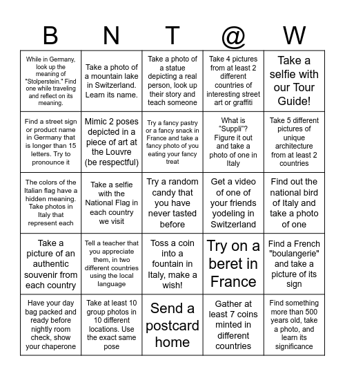 We Made it to Europe! Bingo Card