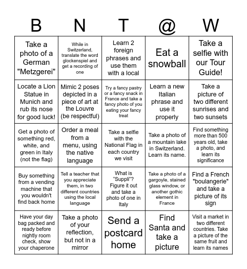 We Made it to Europe! Bingo Card