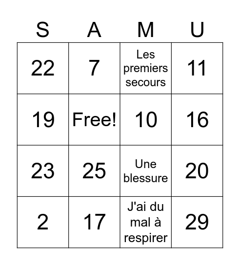 french bingo Card