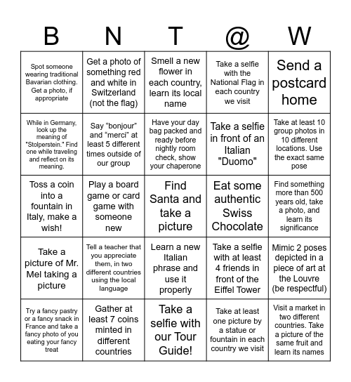 We Made it to Europe! Bingo Card