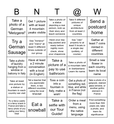 We Made it to Europe! Bingo Card