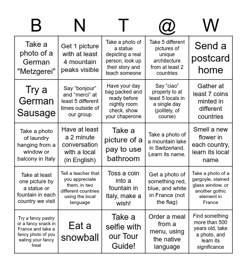 We Made it to Europe! Bingo Card