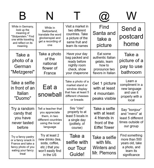 We Made it to Europe! Bingo Card