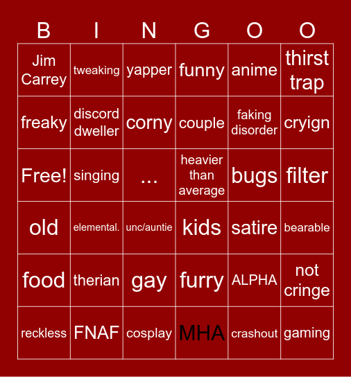 cringe Bingo Card