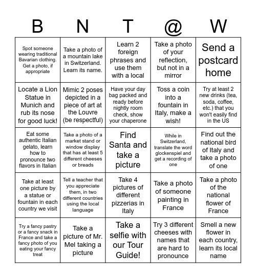 We Made it to Europe! Bingo Card