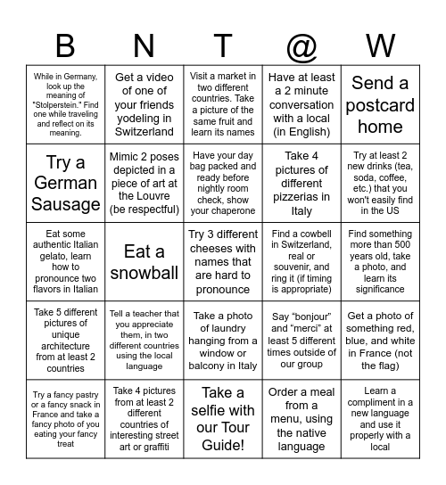 We Made it to Europe! Bingo Card