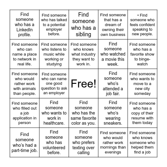 Activity 2: Networking Bingo Card