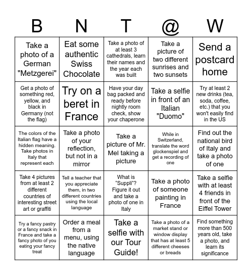 We Made it to Europe! Bingo Card