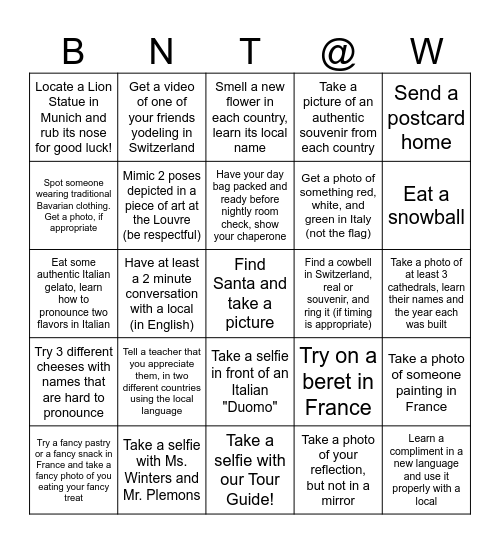 We Made it to Europe! Bingo Card