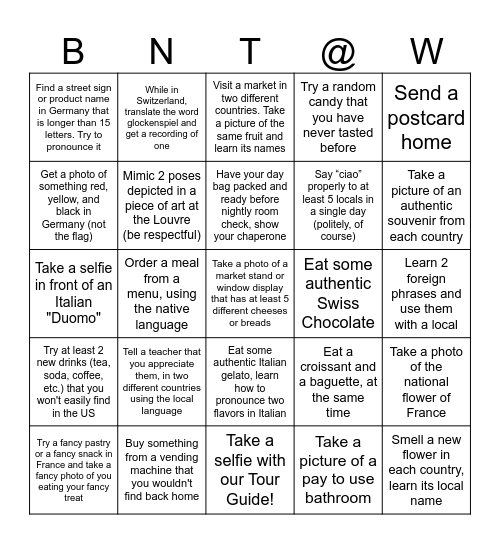 We Made it to Europe! Bingo Card