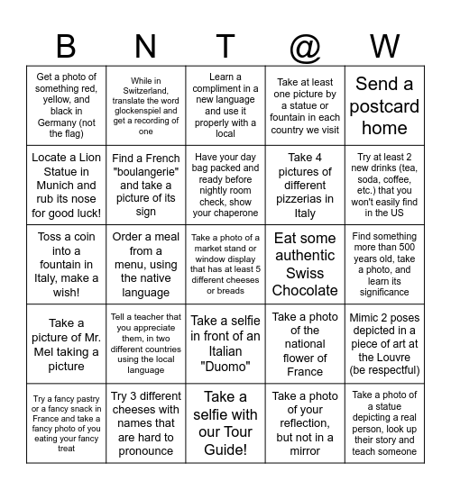 We Made it to Europe! Bingo Card