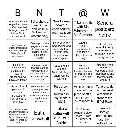 We Made it to Europe! Bingo Card