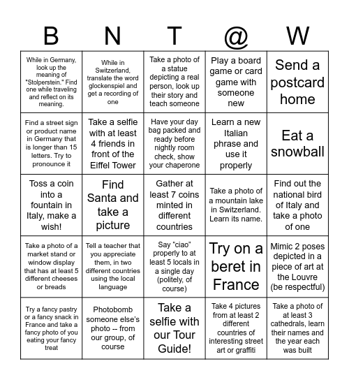 We Made it to Europe! Bingo Card