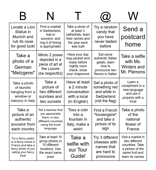 We Made it to Europe! Bingo Card