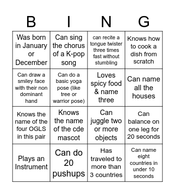 OWEEK BINGO 1 Bingo Card