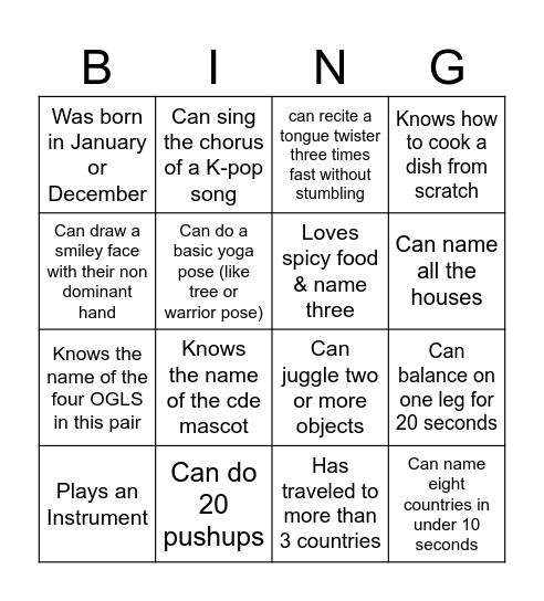 OWEEK BINGO 1 Bingo Card