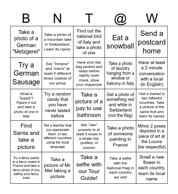 We Made it to Europe! Bingo Card