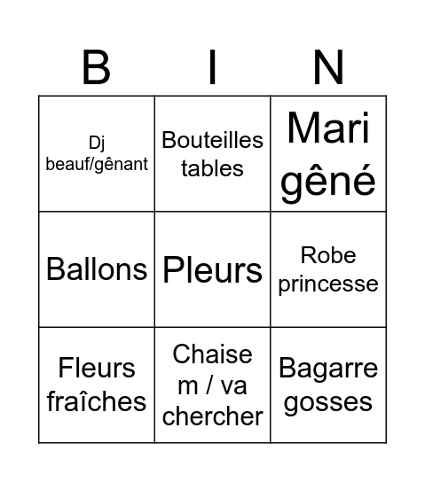 Mariage Bingo Card
