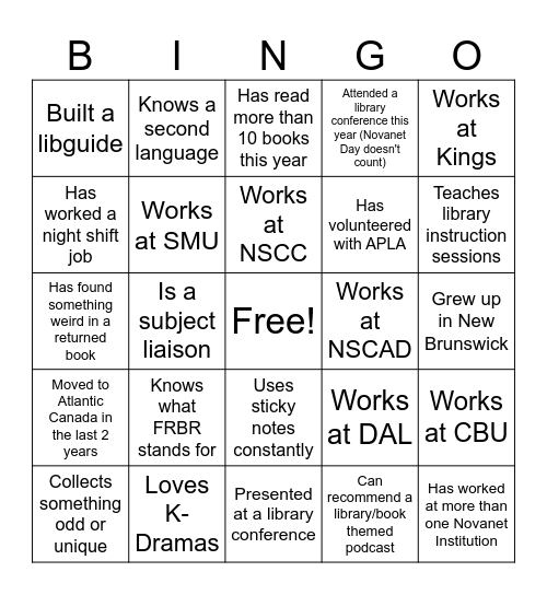 Novanet Day Bingo Card