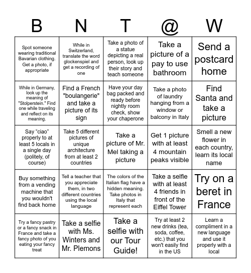 We Made it to Europe! Bingo Card