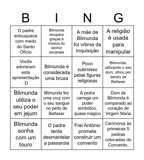 Memorial do Convento Bingo Card
