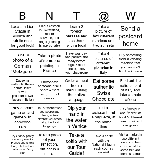 We Made it to Europe! Bingo Card