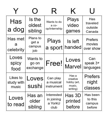 'YorkU' Markham Bingo Card