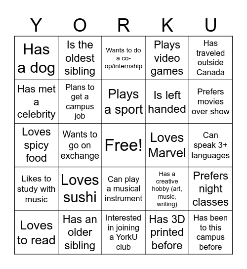 'YorkU' Markham Bingo Card
