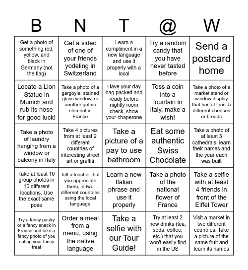 We Made it to Europe! Bingo Card