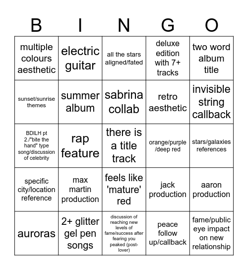 TS12 Bingo Card