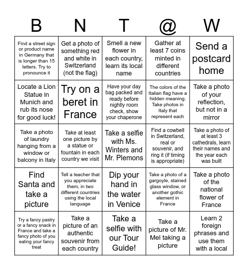 We Made it to Europe! Bingo Card