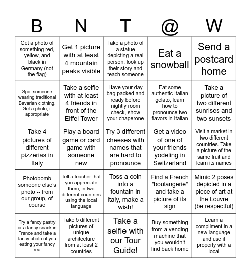 We Made it to Europe! Bingo Card