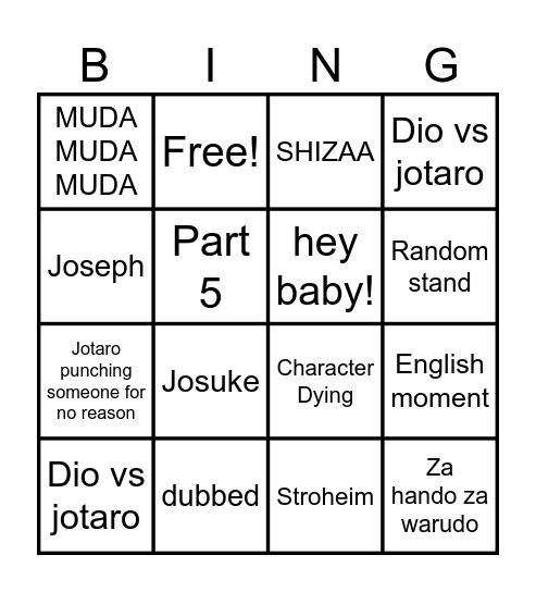 Jojo's Bingo Card