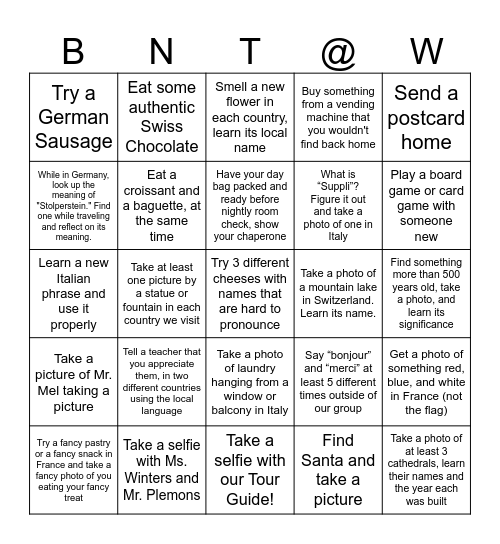 We Made it to Europe! Bingo Card