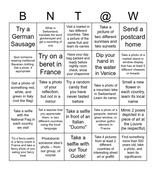 We Made it to Europe! Bingo Card