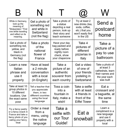 We Made it to Europe! Bingo Card
