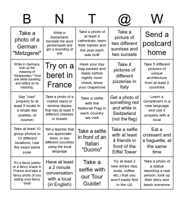 We Made it to Europe! Bingo Card